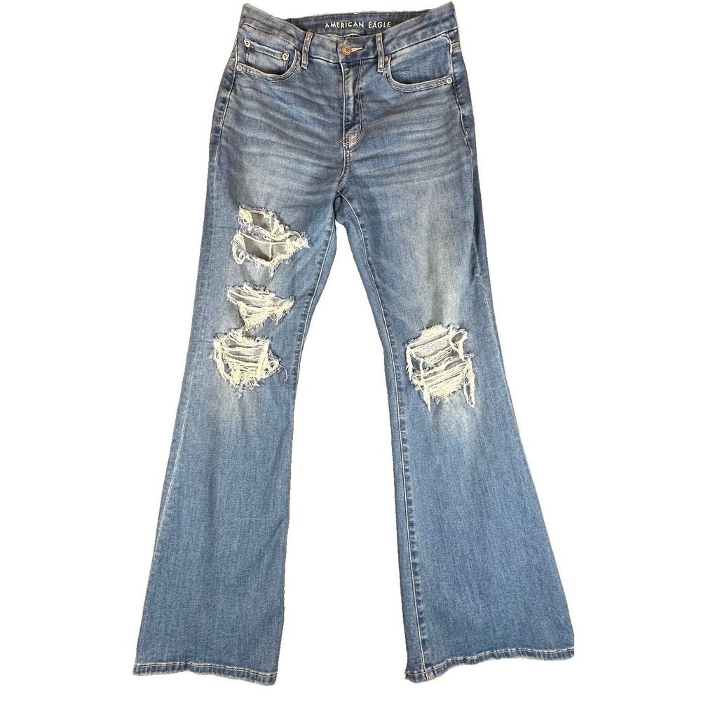American Eagle Jeans Womens 6 Blue Curvy Super High Rise Flare Rips Festival‎